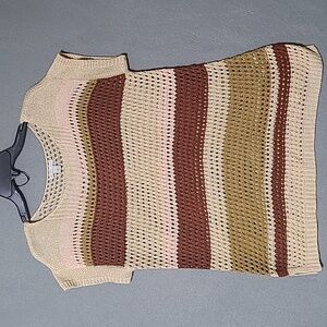 CATO Womens Tan Striped Short Sleeve Crochet Sweater - Size Large